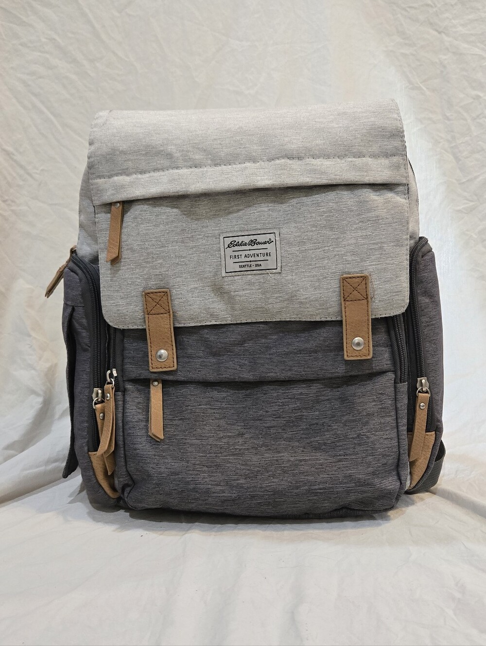 Eddie Bauer Gray Two-Tone Canvas Backpack Diaper Bag with Tan Accents